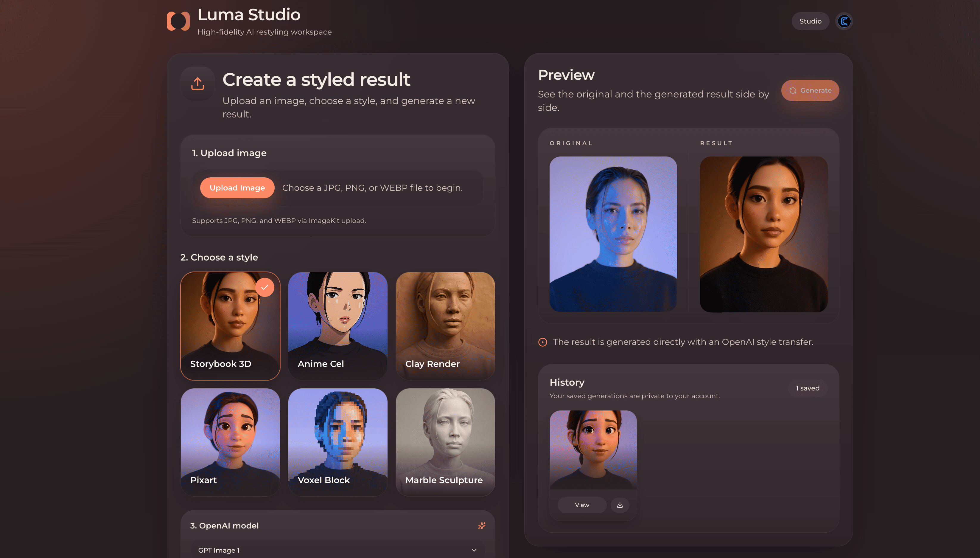 Luma Studio workspace showing upload, curated styles, and a before-and-after preview