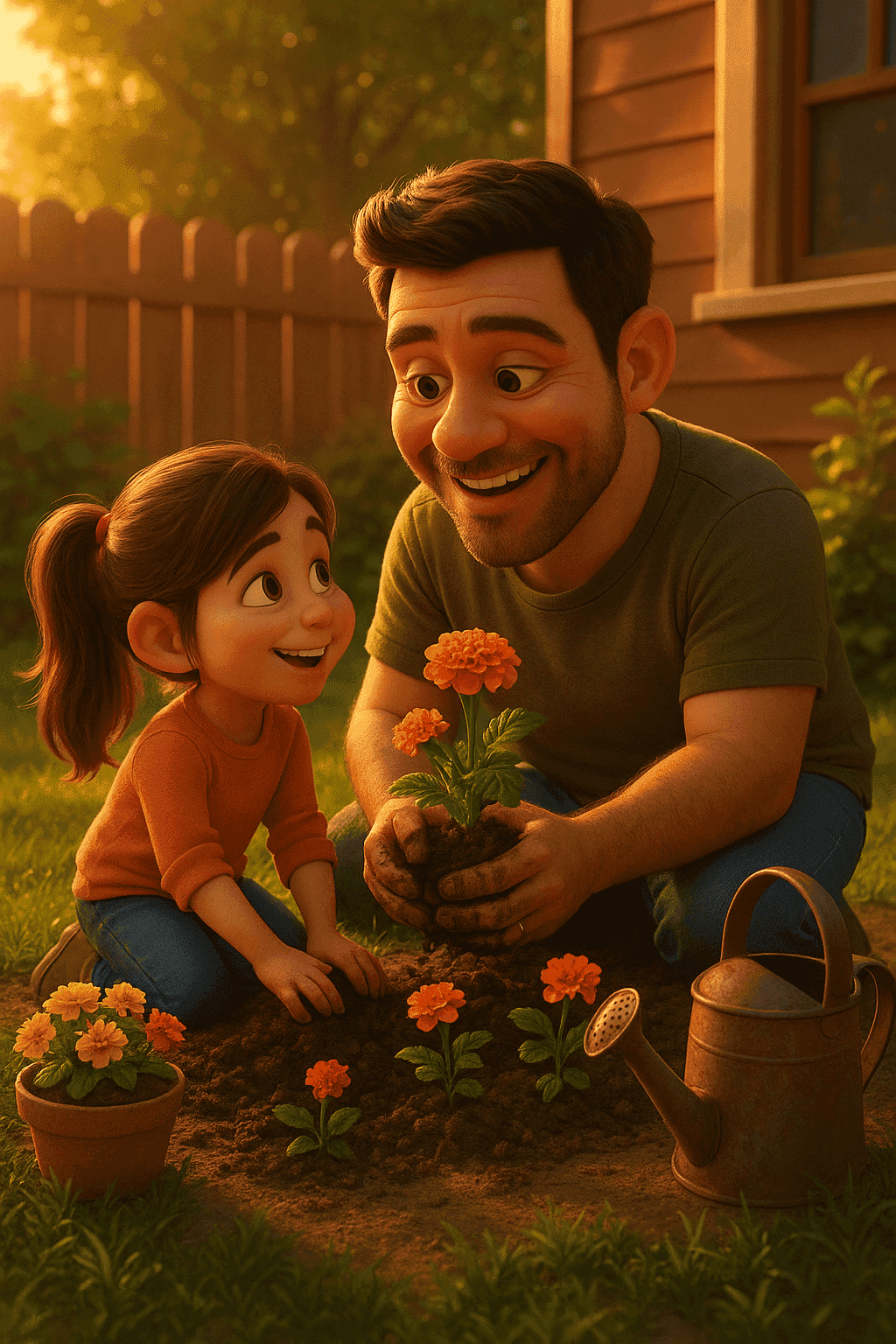 Stylized family gardening scene